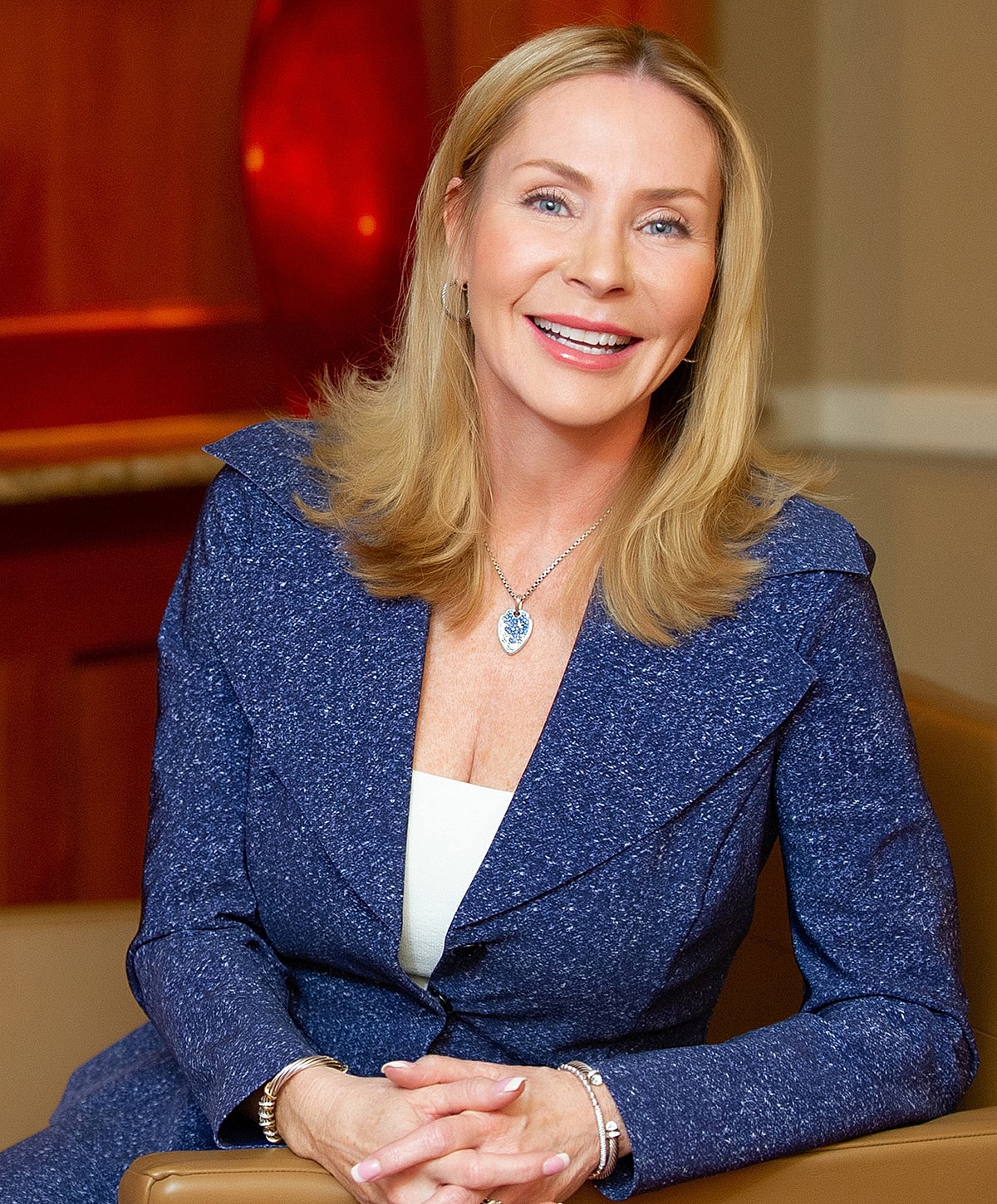 Close-up of a woman with soft makeup.