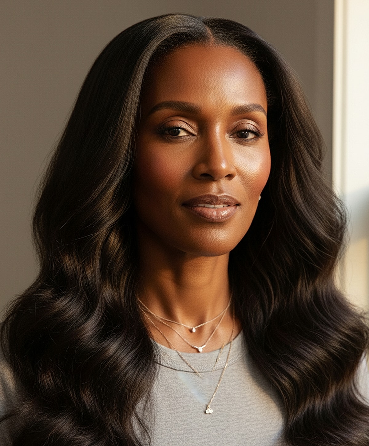 Close-up of a woman with soft makeup.