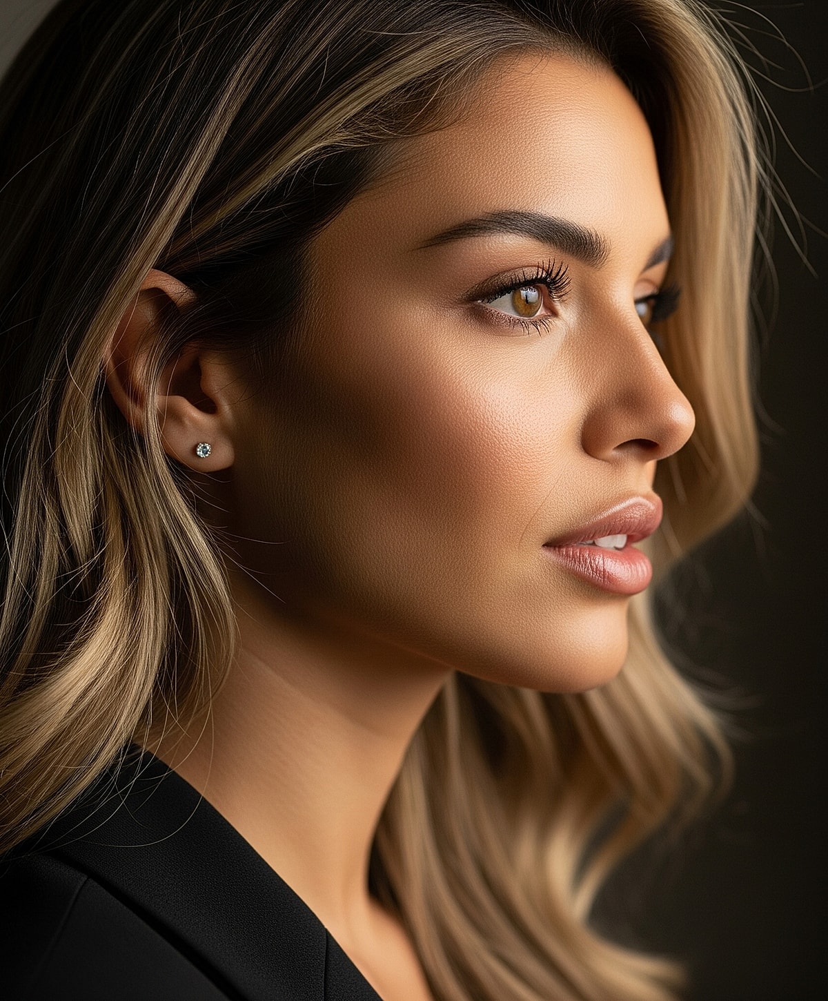 Woman with long hair in profile view.