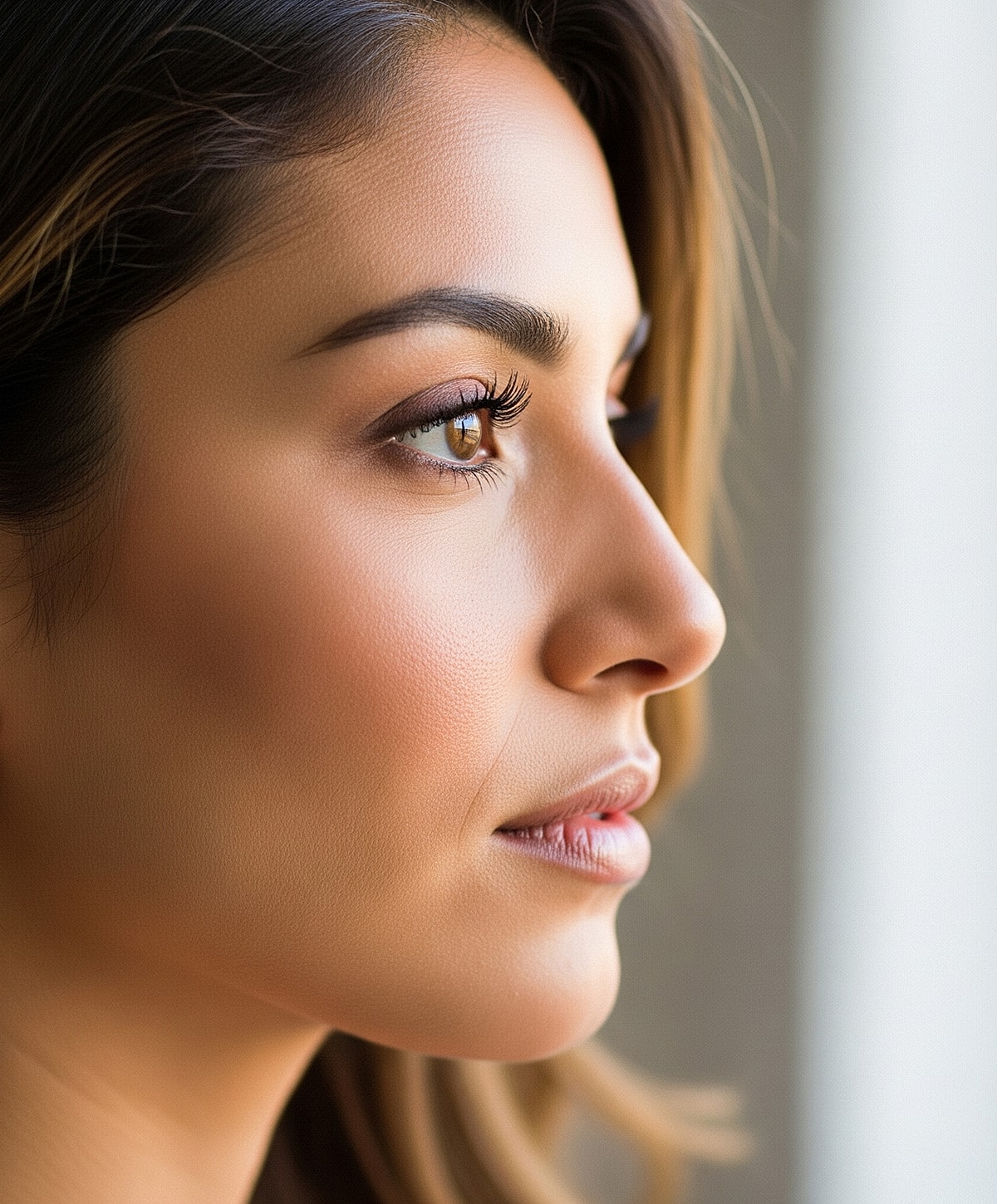 Close-up of a woman with soft makeup.