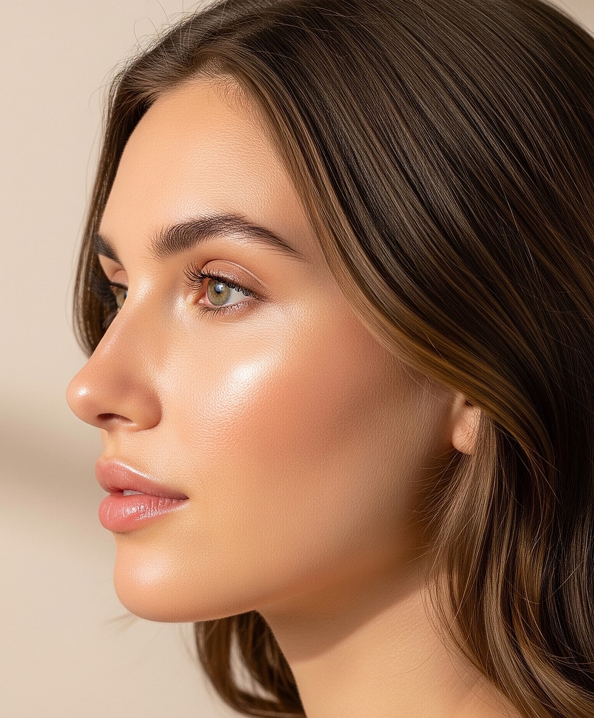 Close-up of a woman with soft makeup.