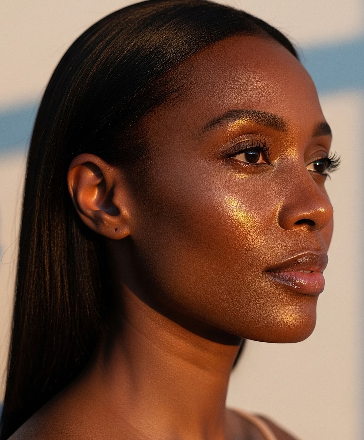 Close-up of a woman with soft makeup.
