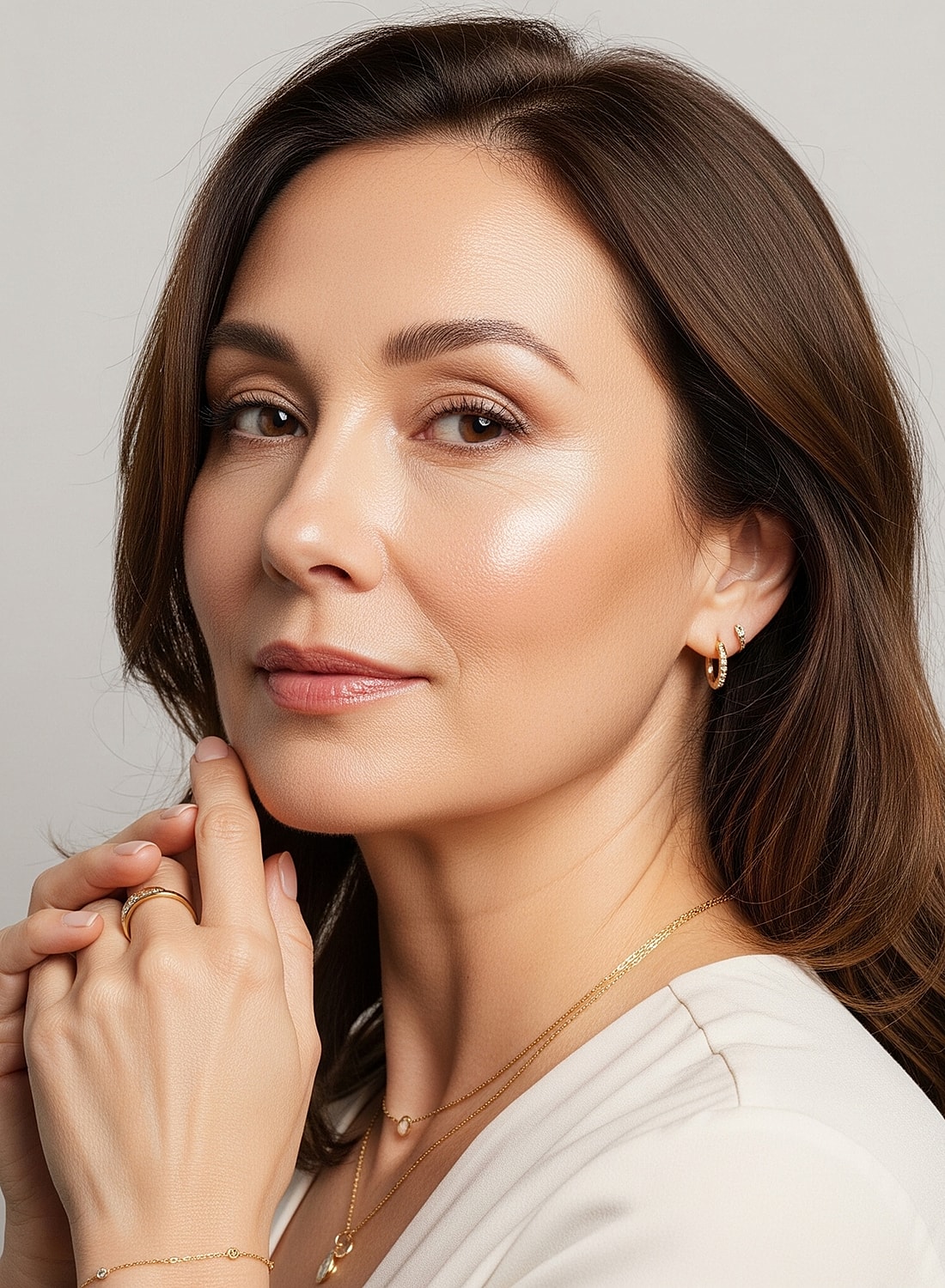 Woman with elegant jewelry and natural makeup.