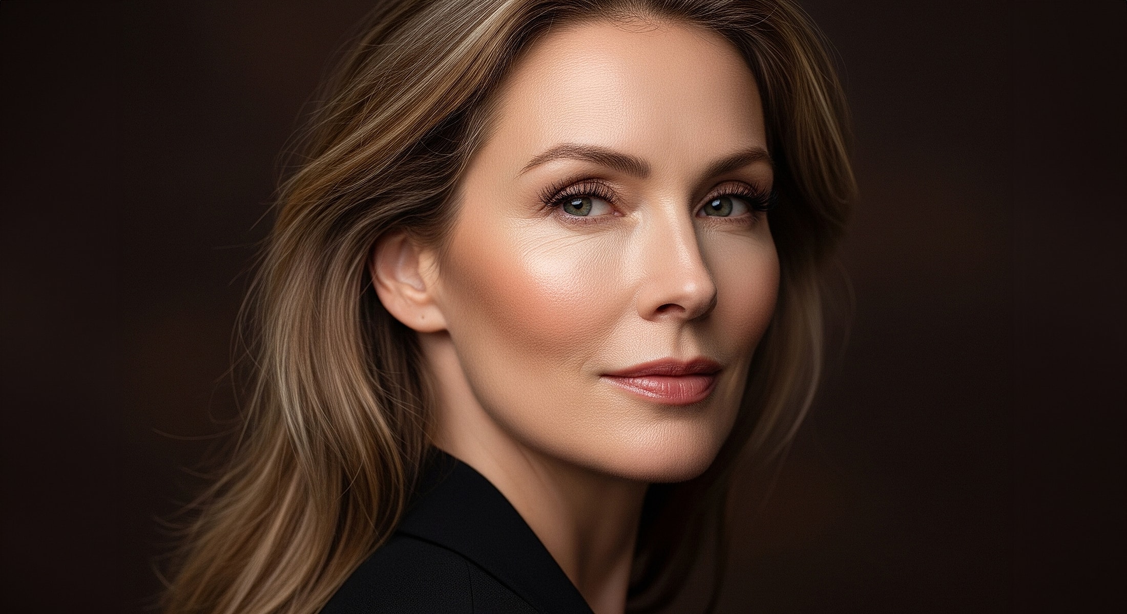 Elegant portrait of a woman with glowing skin.