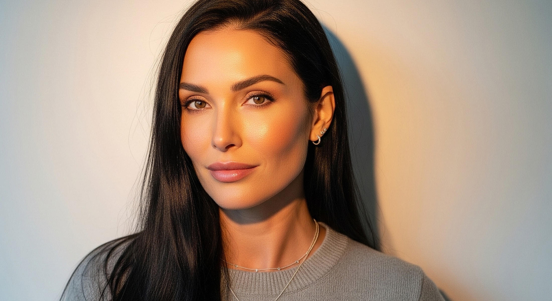 Woman with long dark hair and natural makeup.