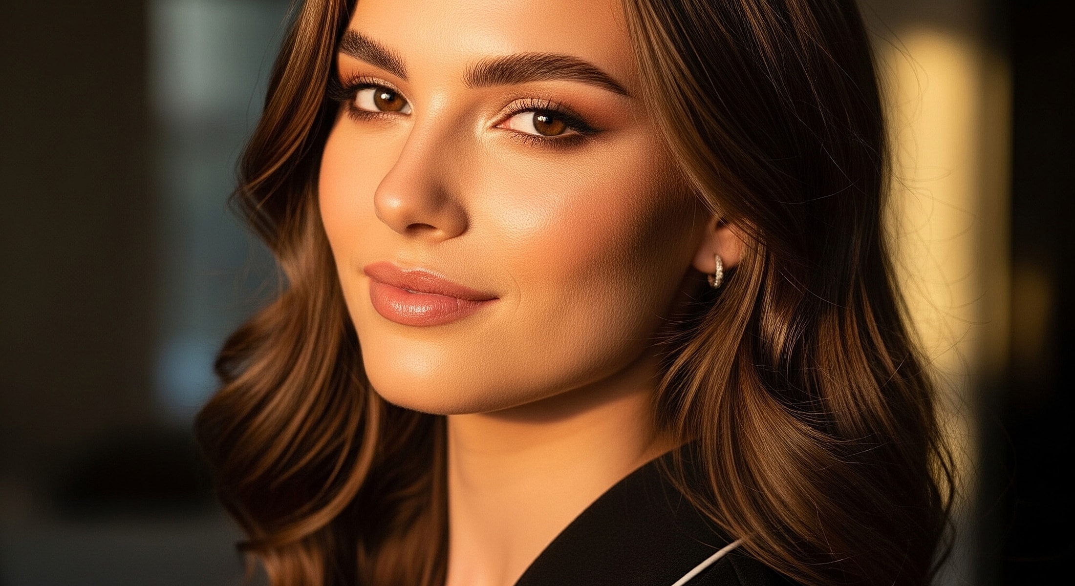 Young woman with wavy hair and glowing skin.